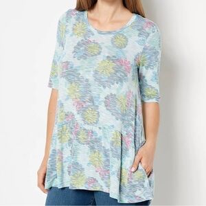 Logo By Lori Goldstein S Blue Floral Printed Slub Knit Pockets Peplum Tunic Top